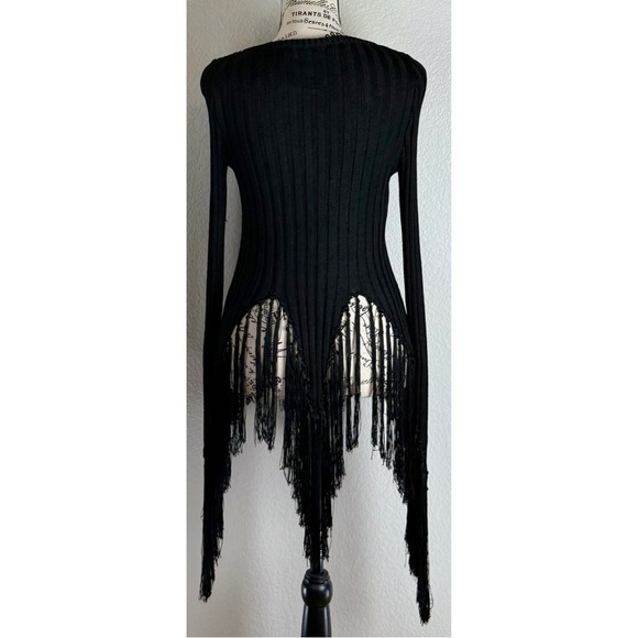 Moschino Black Ribbed Cardigan Sweater long Fringed Sleeve Asymmetrical hem 4 US - Picture 6 of 11